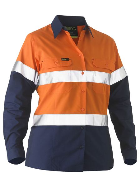 Women's Taped Two Tone Hi Vis Recycled Drill Shirt BL6996T Shirts & Tops Bisley Workwear Orange/Navy (TT02) 6 